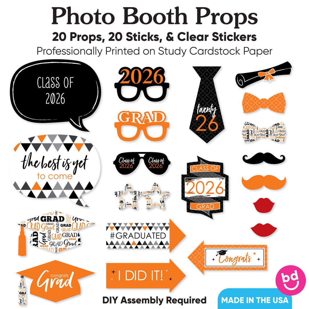 Orange Grad - 2026 Graduation Party Photo Booth Props Kit - 20 Count