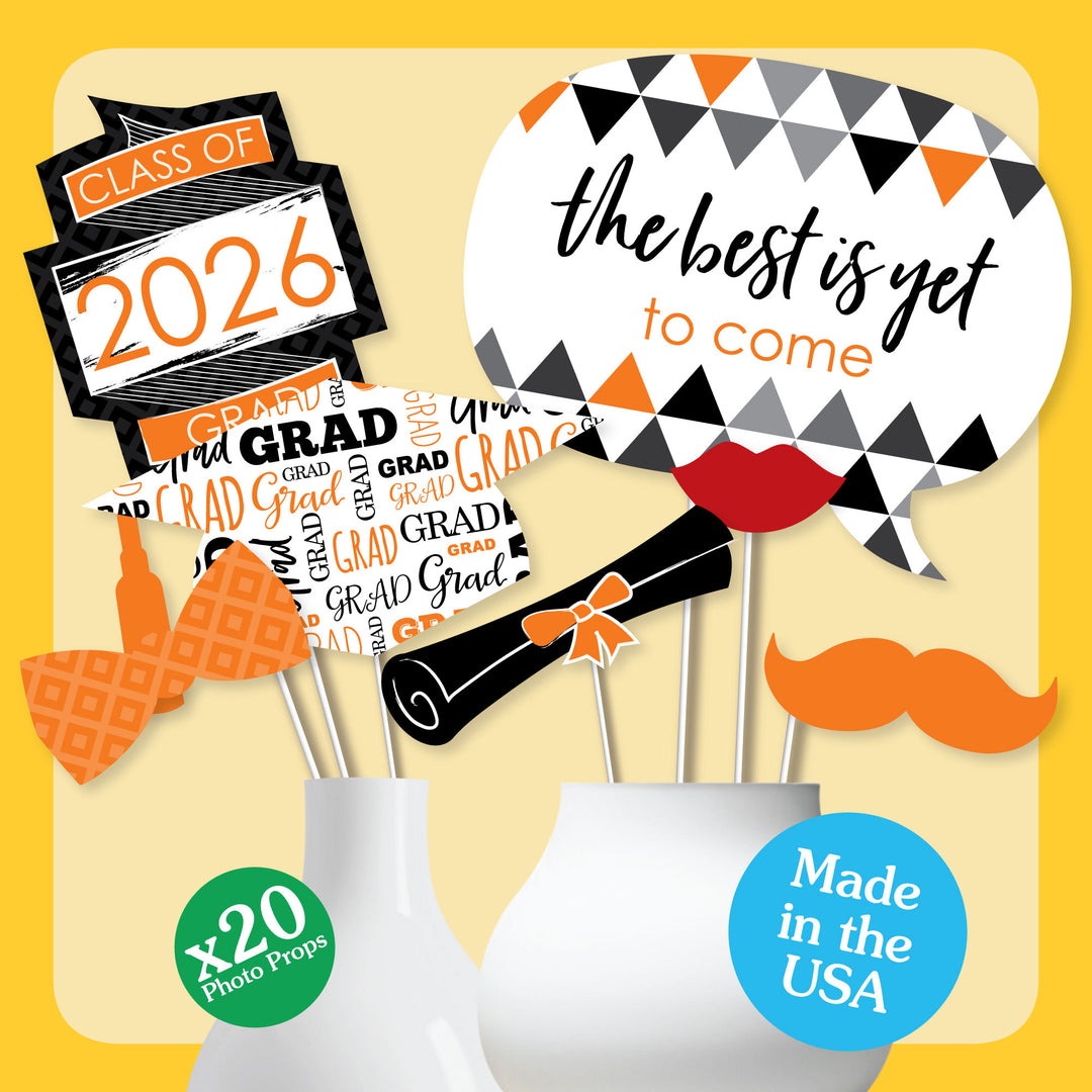 Orange Grad - 2026 Graduation Party Photo Booth Props Kit - 20 Count