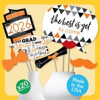 Orange Grad - 2026 Graduation Party Photo Booth Props Kit - 20 Count