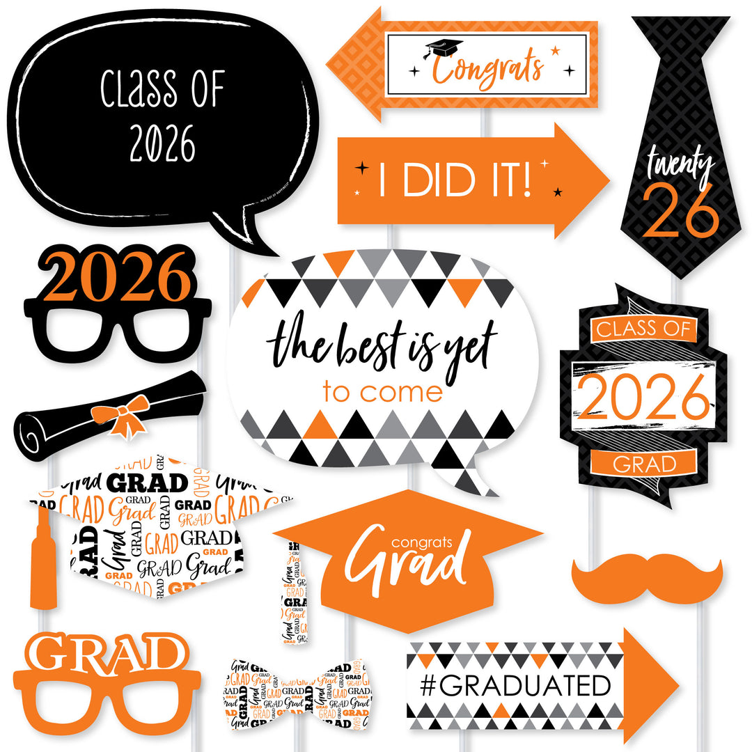 Orange Grad - 2026 Graduation Party Photo Booth Props Kit - 20 Count