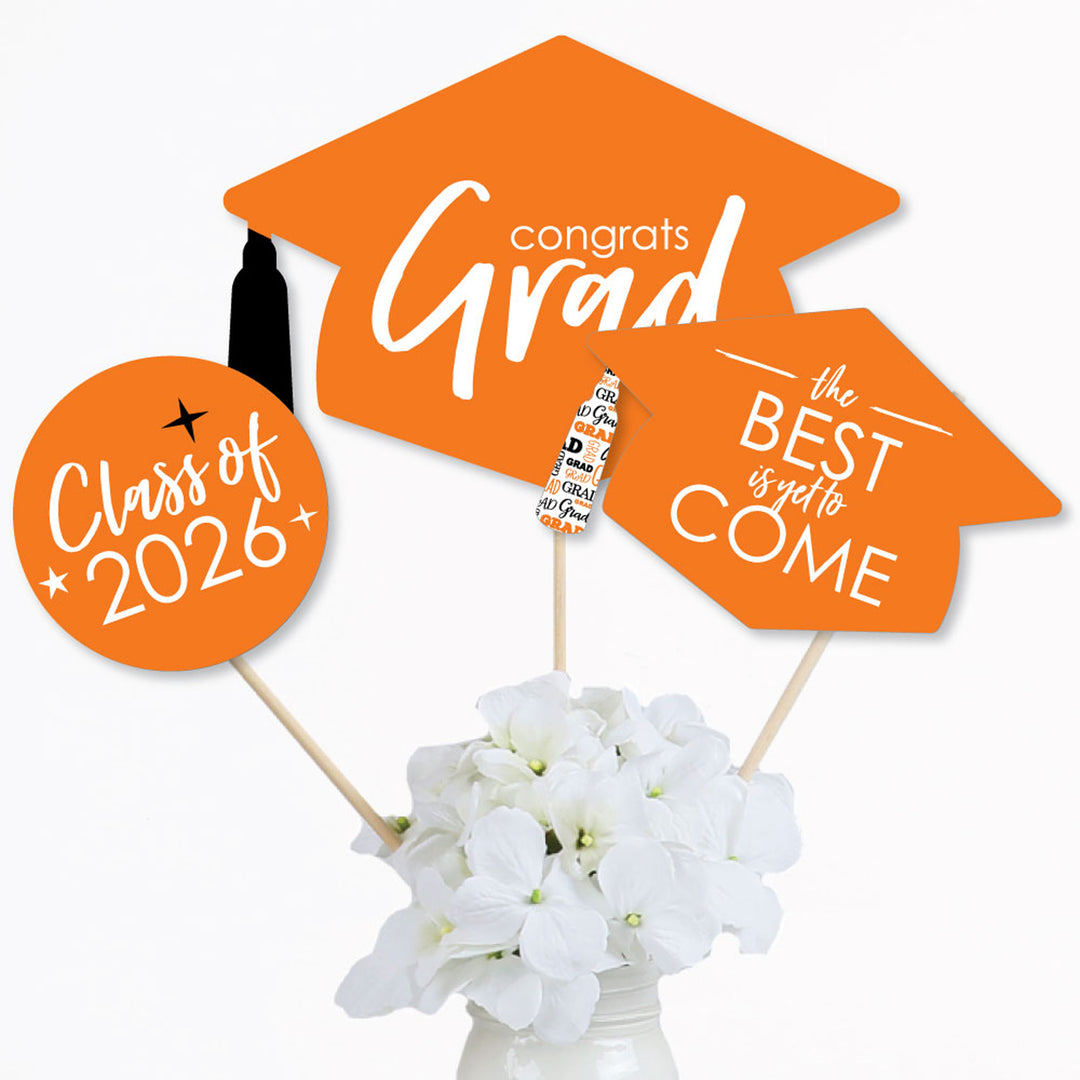 Orange Grad - Best is Yet to Come - 2026 Orange Graduation Party Centerpiece Sticks - Table Toppers - Set of 15