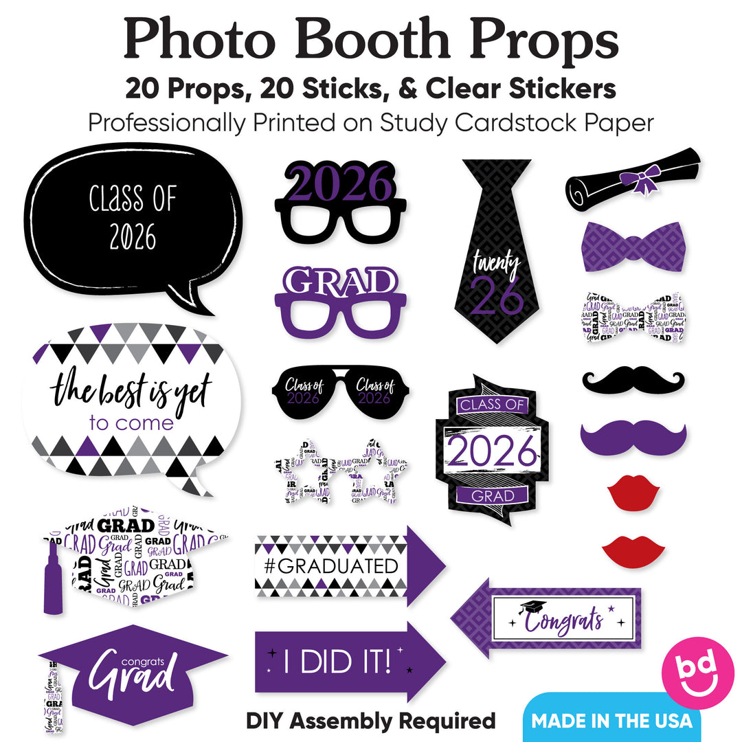 Purple Grad - 2026 Graduation Party Photo Booth Props Kit - 20 Count