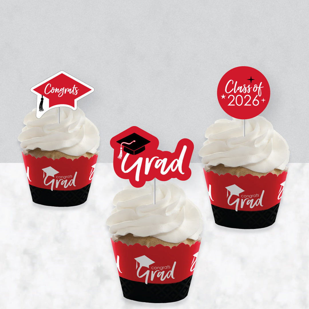 Red Grad - Best is Yet to Come - Cupcake Decoration - 2026 Red Graduation Party Cupcake Wrappers and Treat Picks Kit - Set of 24
