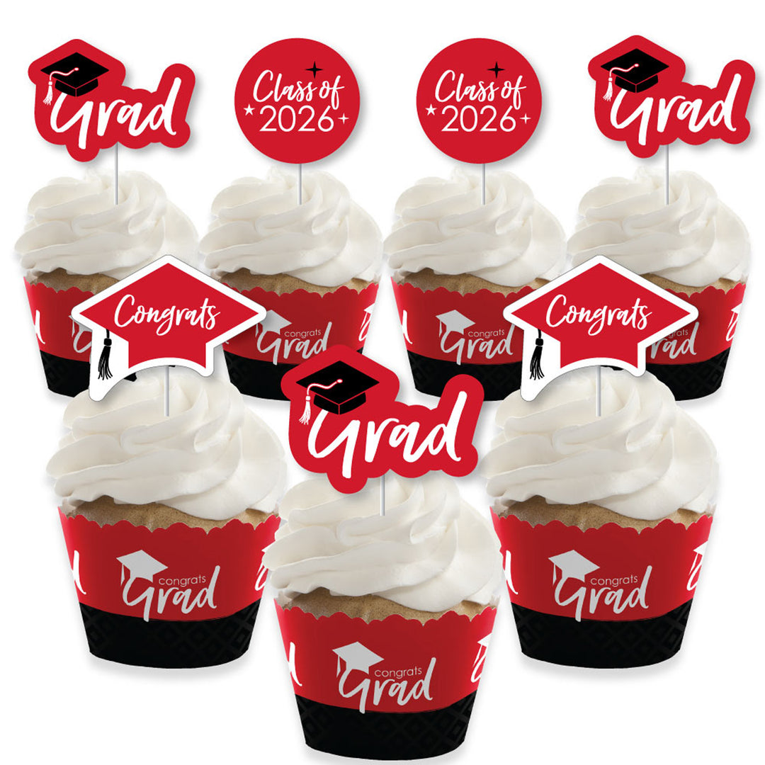 Red Grad - Best is Yet to Come - Cupcake Decoration - 2026 Red Graduation Party Cupcake Wrappers and Treat Picks Kit - Set of 24