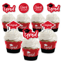 Red Grad - Best is Yet to Come - Cupcake Decoration - 2026 Red Graduation Party Cupcake Wrappers and Treat Picks Kit - Set of 24