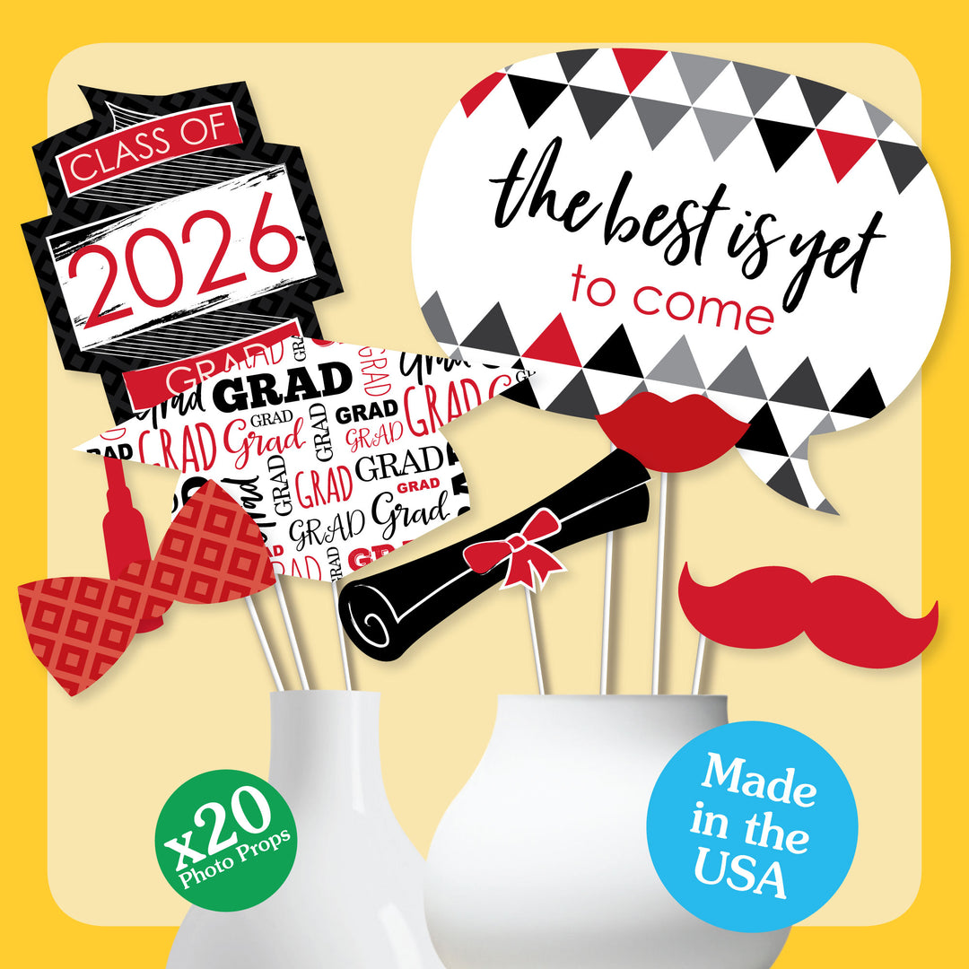 Red Grad - 2026 Graduation Party Photo Booth Props Kit - 20 Count