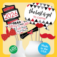 Red Grad - 2026 Graduation Party Photo Booth Props Kit - 20 Count