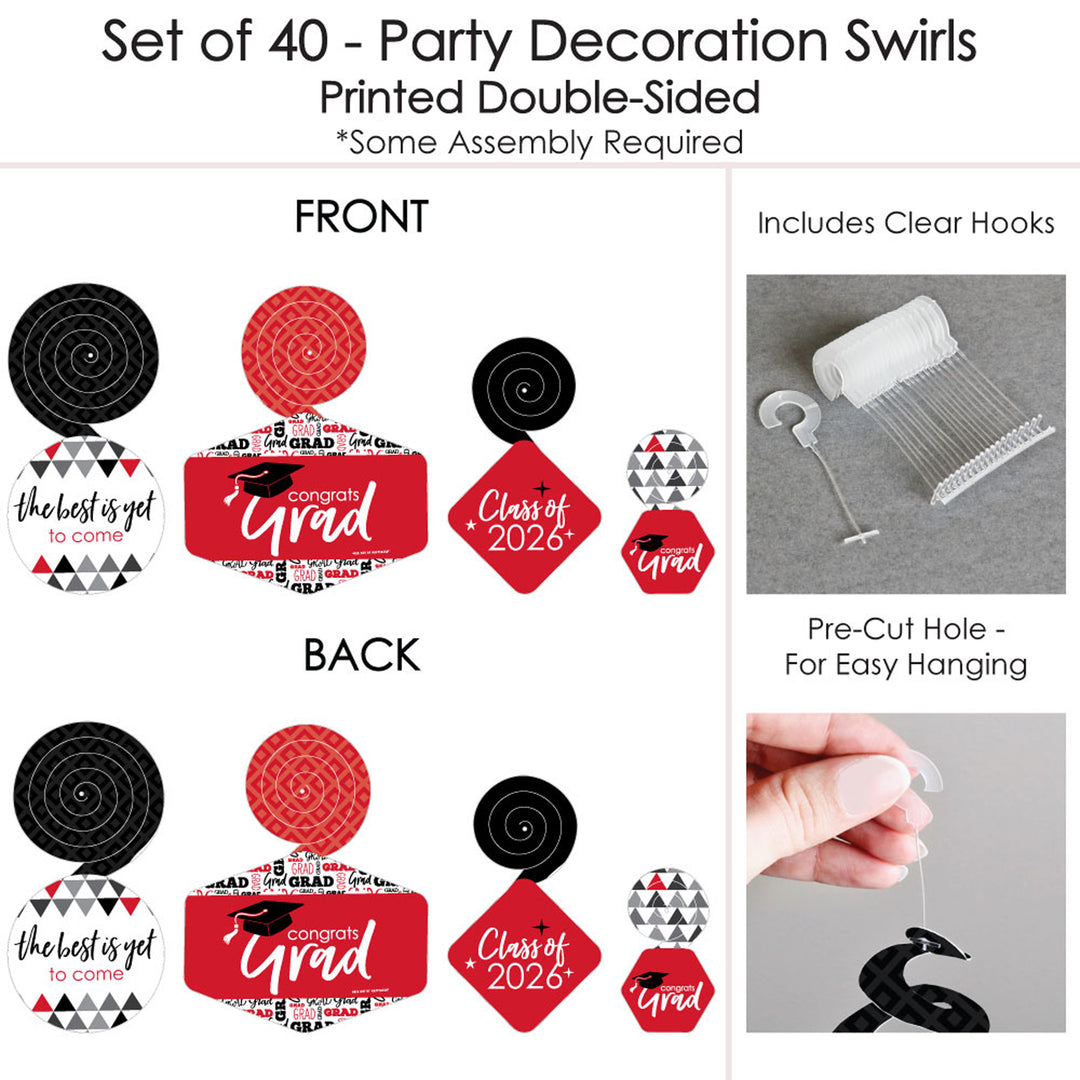 Red Grad - Best is Yet to Come - 2026 Red Graduation Party Hanging Decor - Party Decoration Swirls - Set of 40