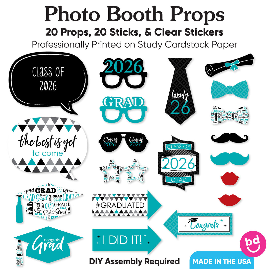 Teal Grad - 2026 Graduation Party Photo Booth Props Kit - 20 Count