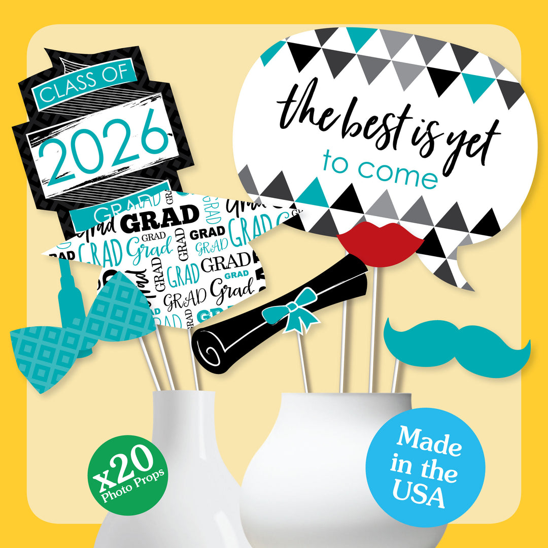 Teal Grad - 2026 Graduation Party Photo Booth Props Kit - 20 Count