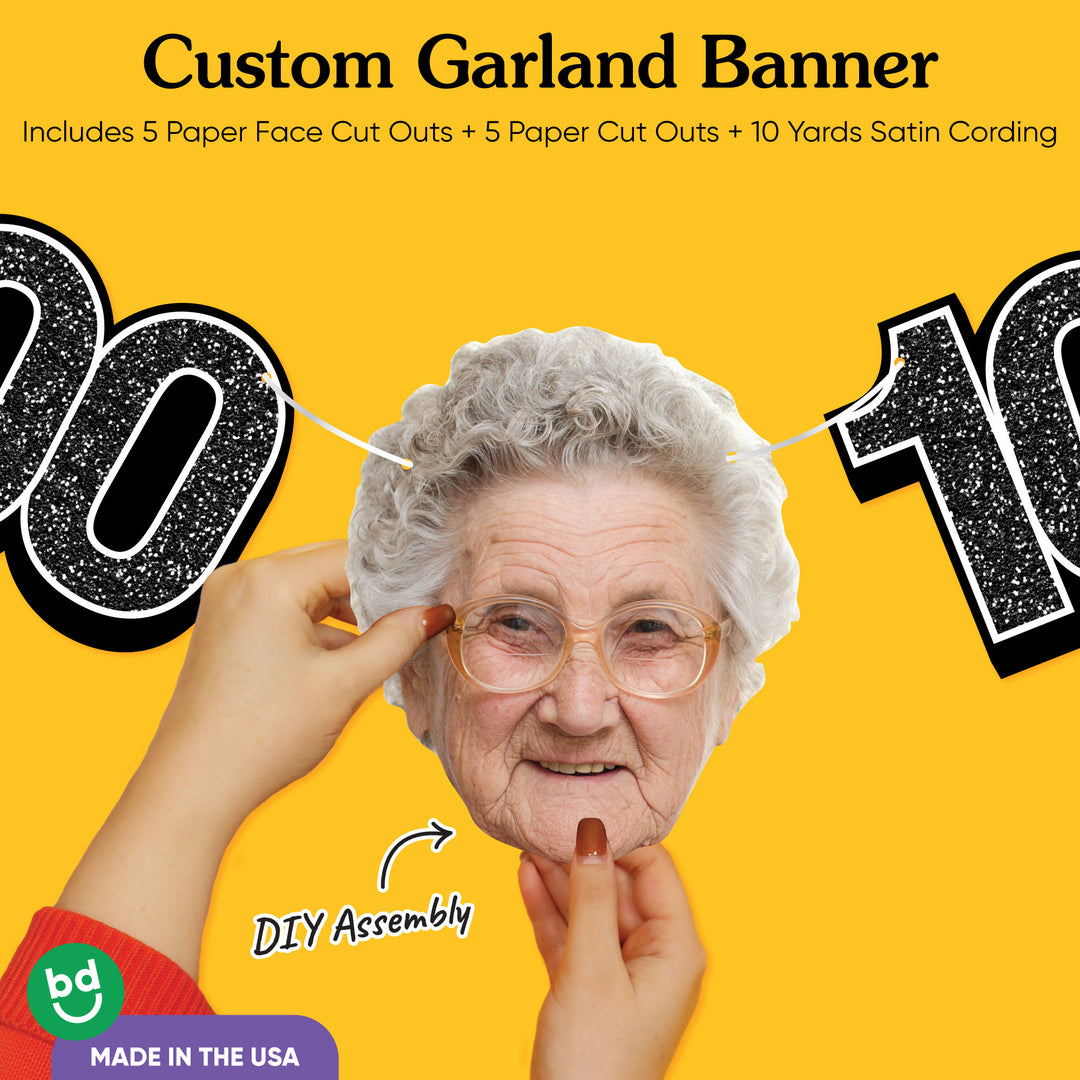 Cardstock finish and satin string on 100th birthday face banner