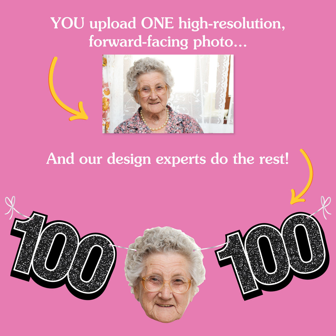 Upload one photo for custom 100th birthday fun face banner
