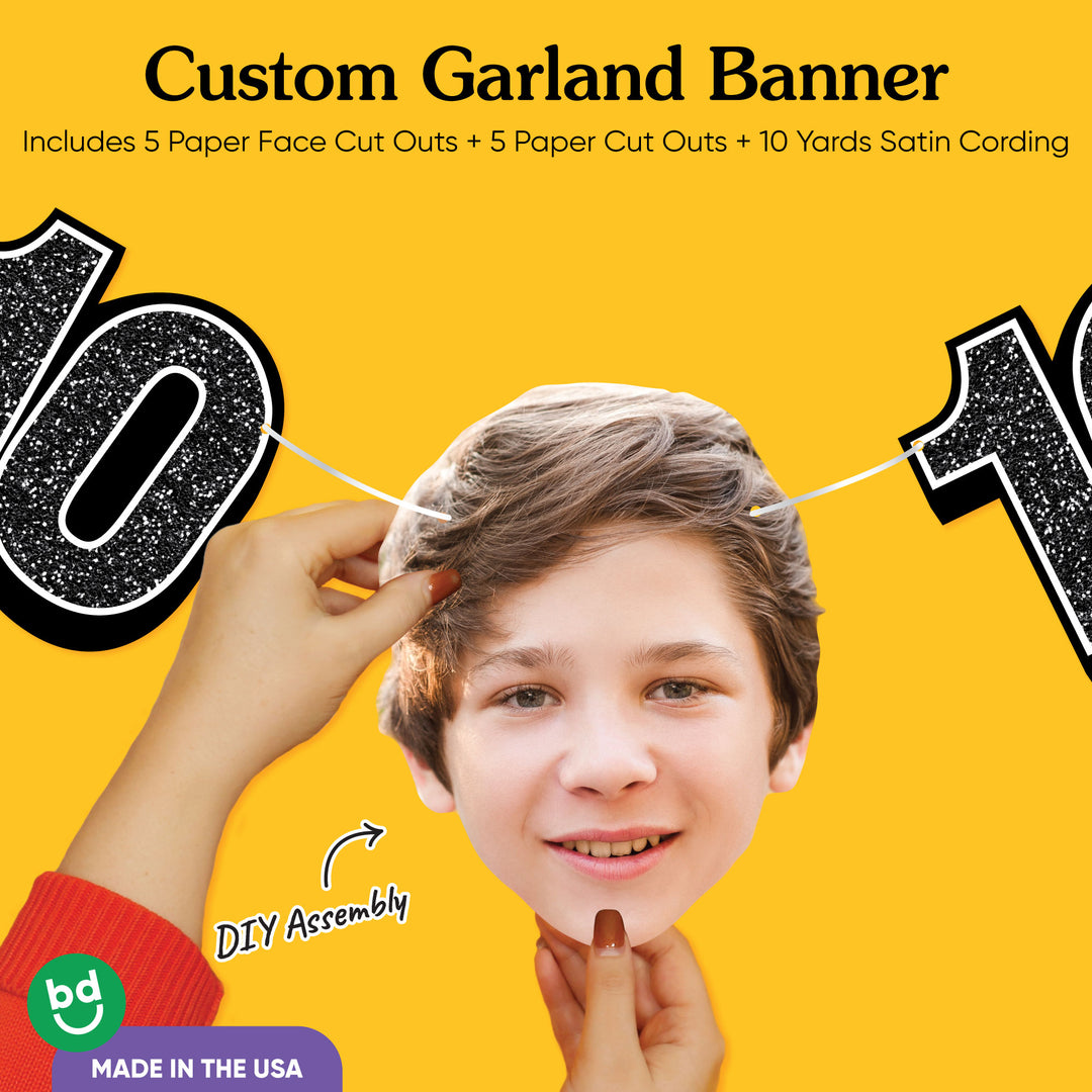 White satin cording and cardstock details on 10th birthday face garland