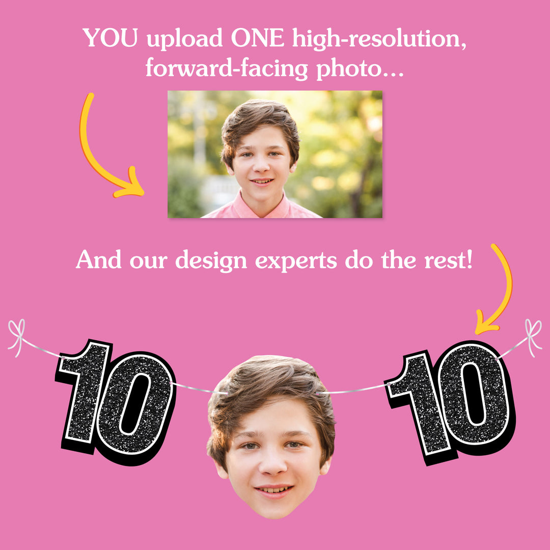 Upload one photo and we design the 10th birthday fun face banner