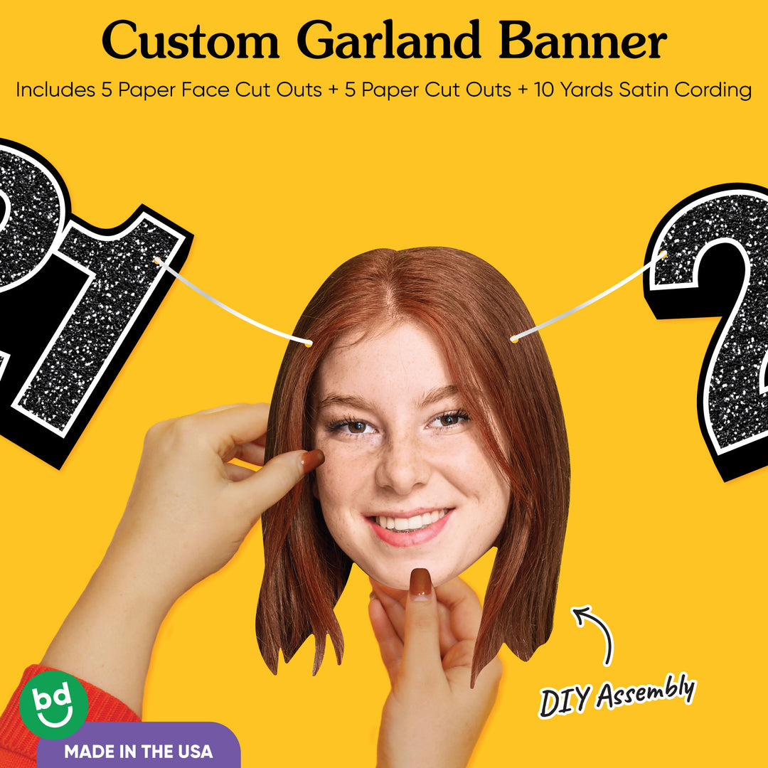 Cardstock finish and satin string on 21st birthday face banner