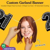 Cardstock finish and satin string on 21st birthday face banner