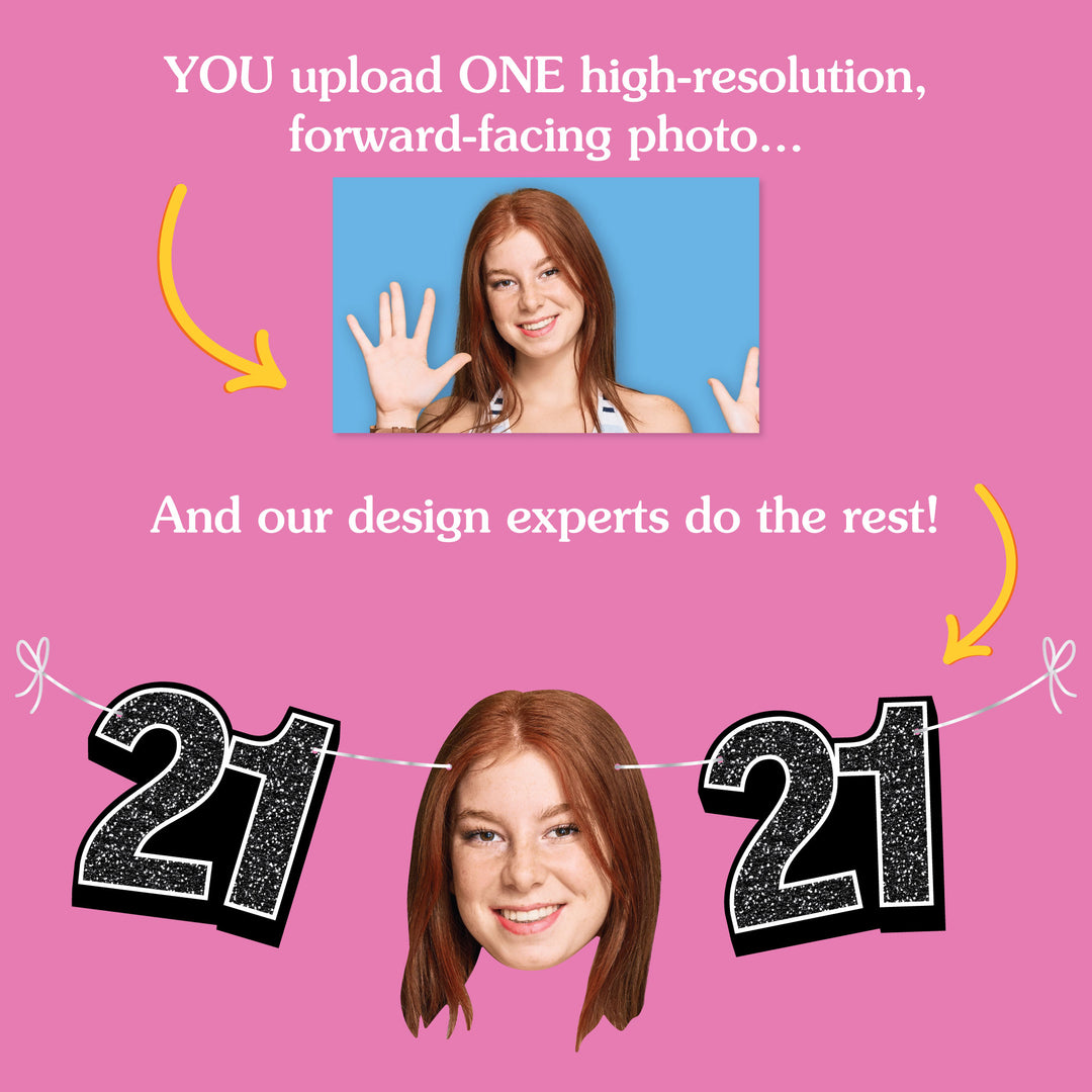 Upload one photo for custom 21st birthday fun face banner