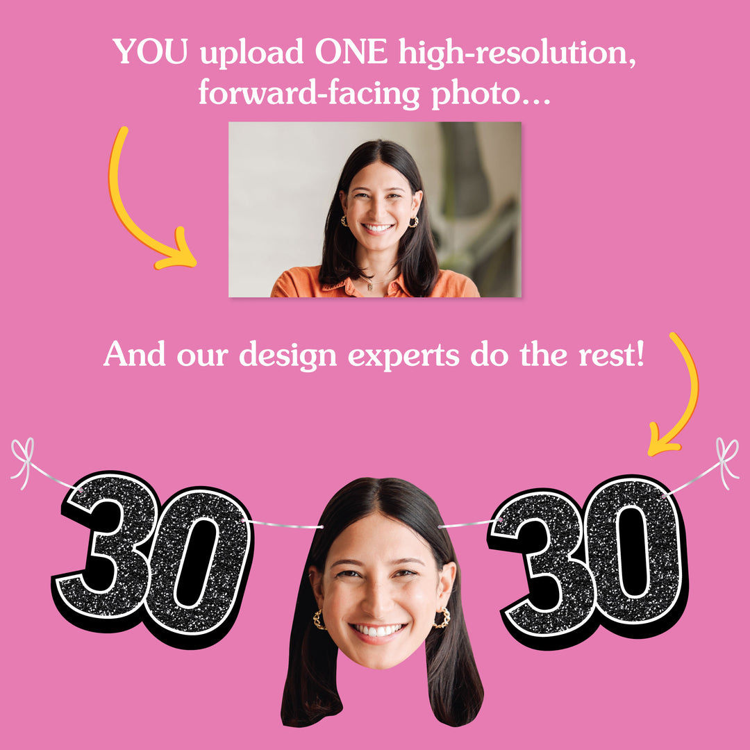 Upload one photo for custom 30th birthday fun face banner