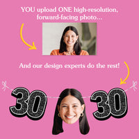 Upload one photo for custom 30th birthday fun face banner