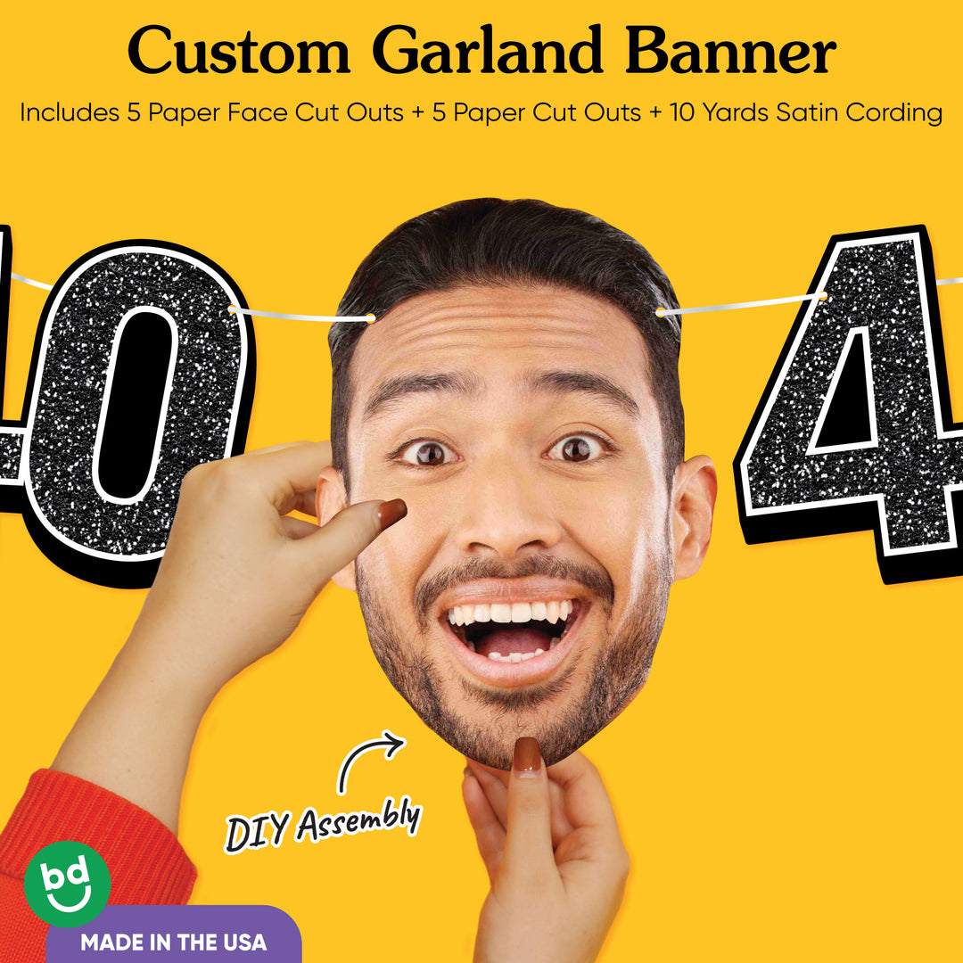 Cardstock finish and satin string on 40th birthday face banner