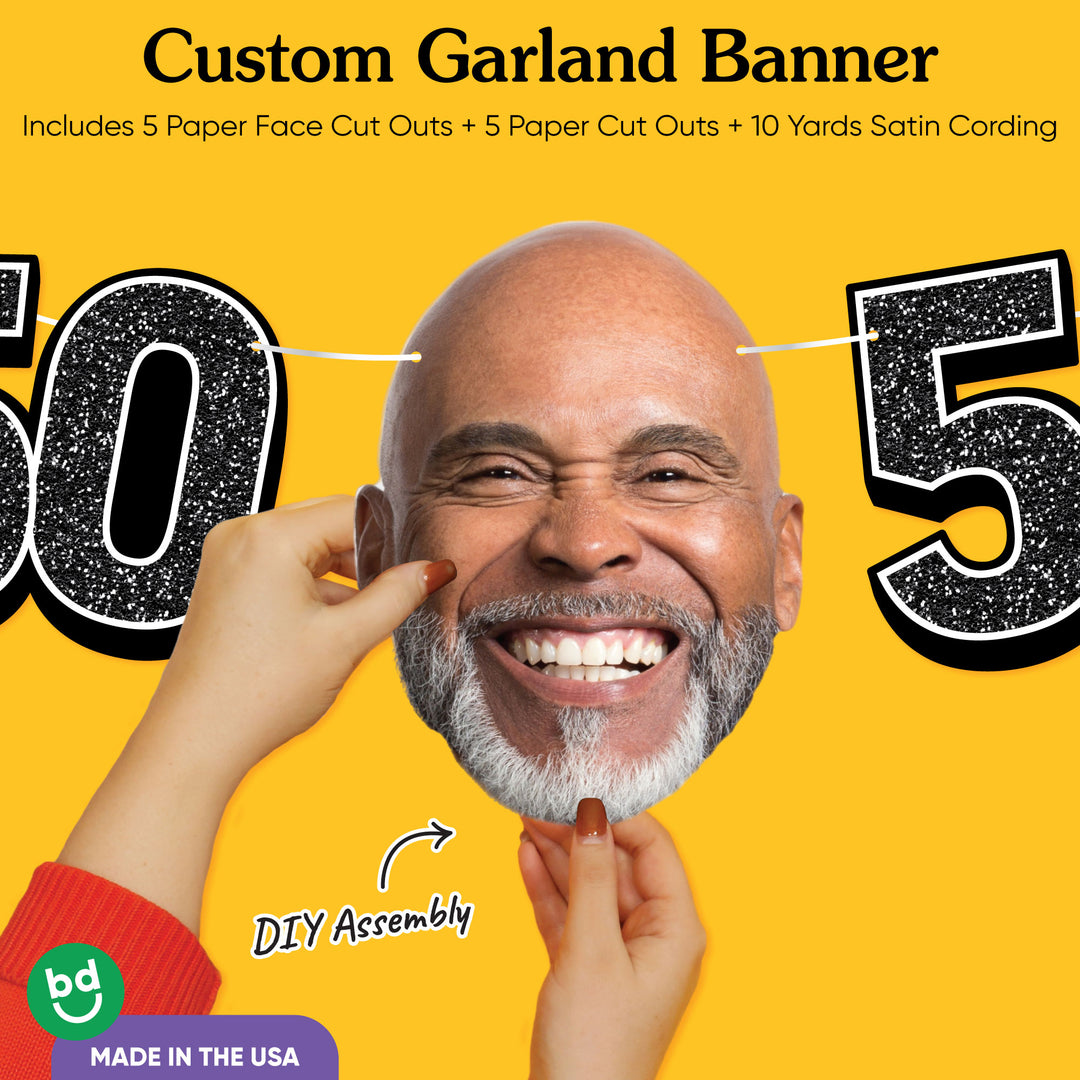 Cardstock finish and satin string on 50th birthday face banner