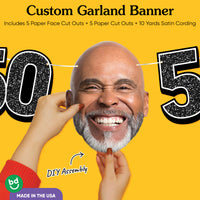 Cardstock finish and satin string on 50th birthday face banner