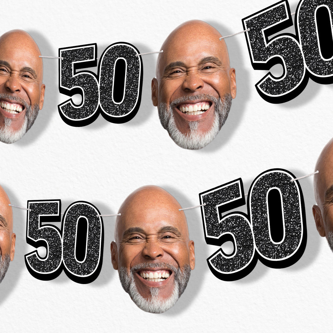 Black 50th birthday fun face garland banner