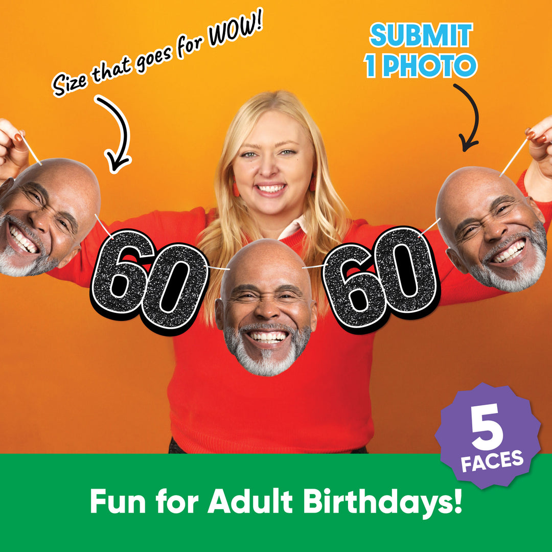 Personalized 60th birthday garland banner with custom face photo cutouts and party décor.