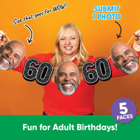 Personalized 60th birthday garland banner with custom face photo cutouts and party décor.