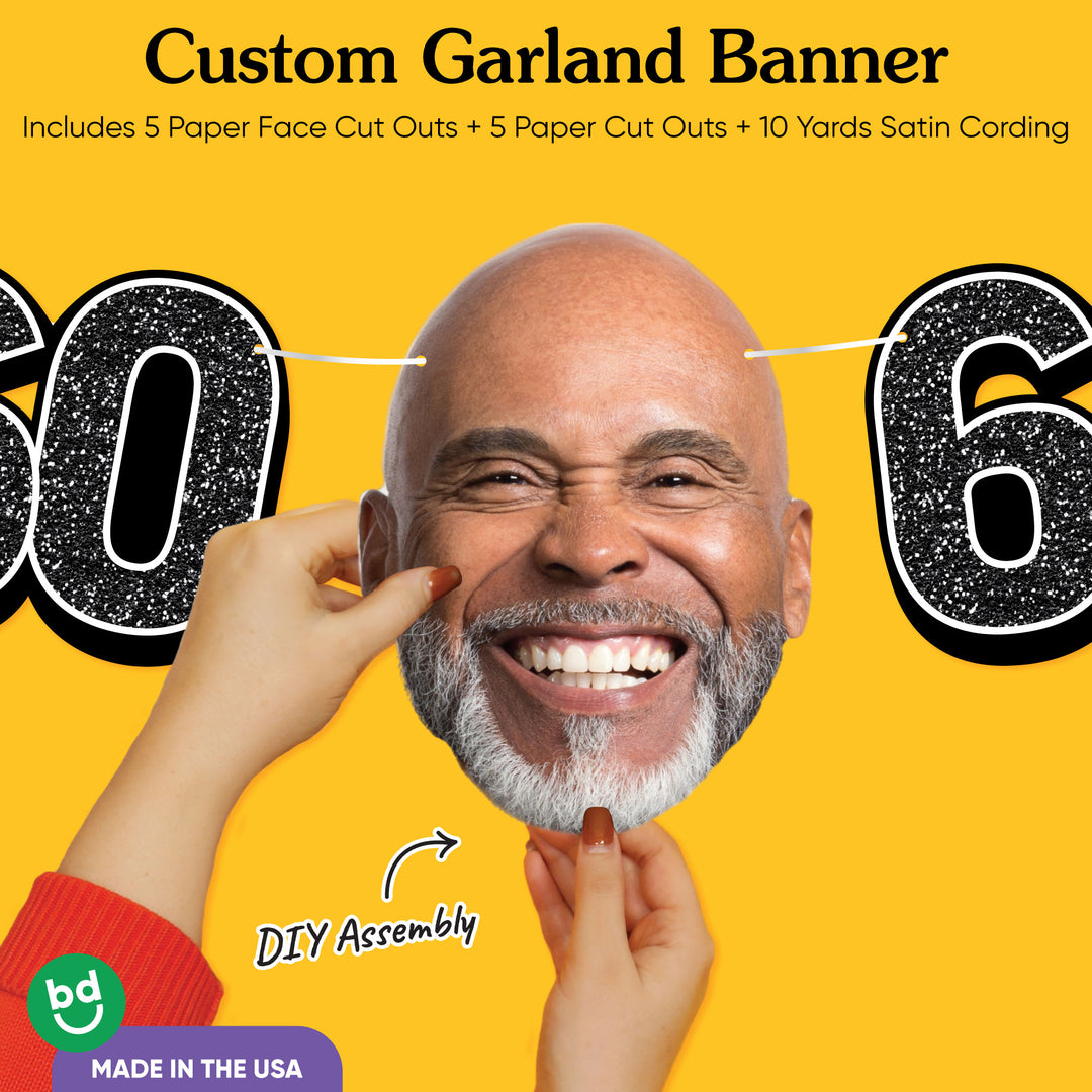 60th birthday party custom face banner with oversized cutouts and black & gold theme.
