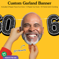60th birthday party custom face banner with oversized cutouts and black & gold theme.