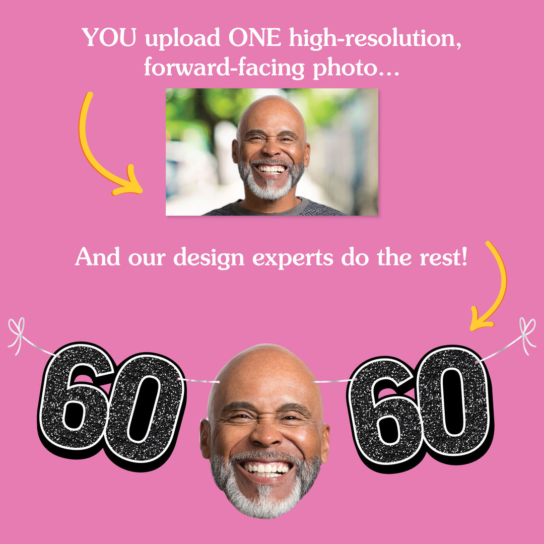 Milestone 60th birthday celebration garland banner featuring custom photo faces and decorative shapes