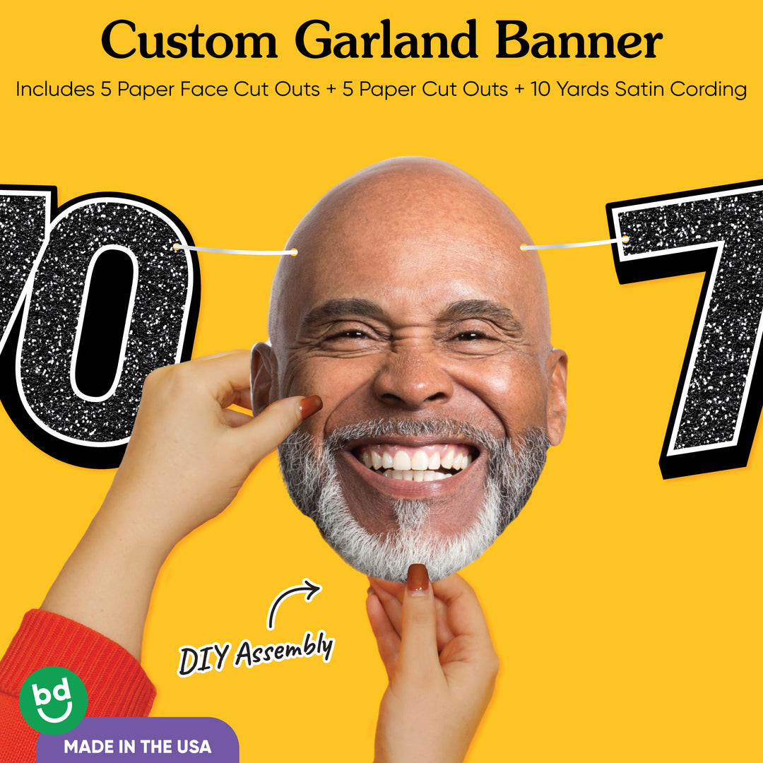 Cardstock finish and satin string on 70th birthday face banner