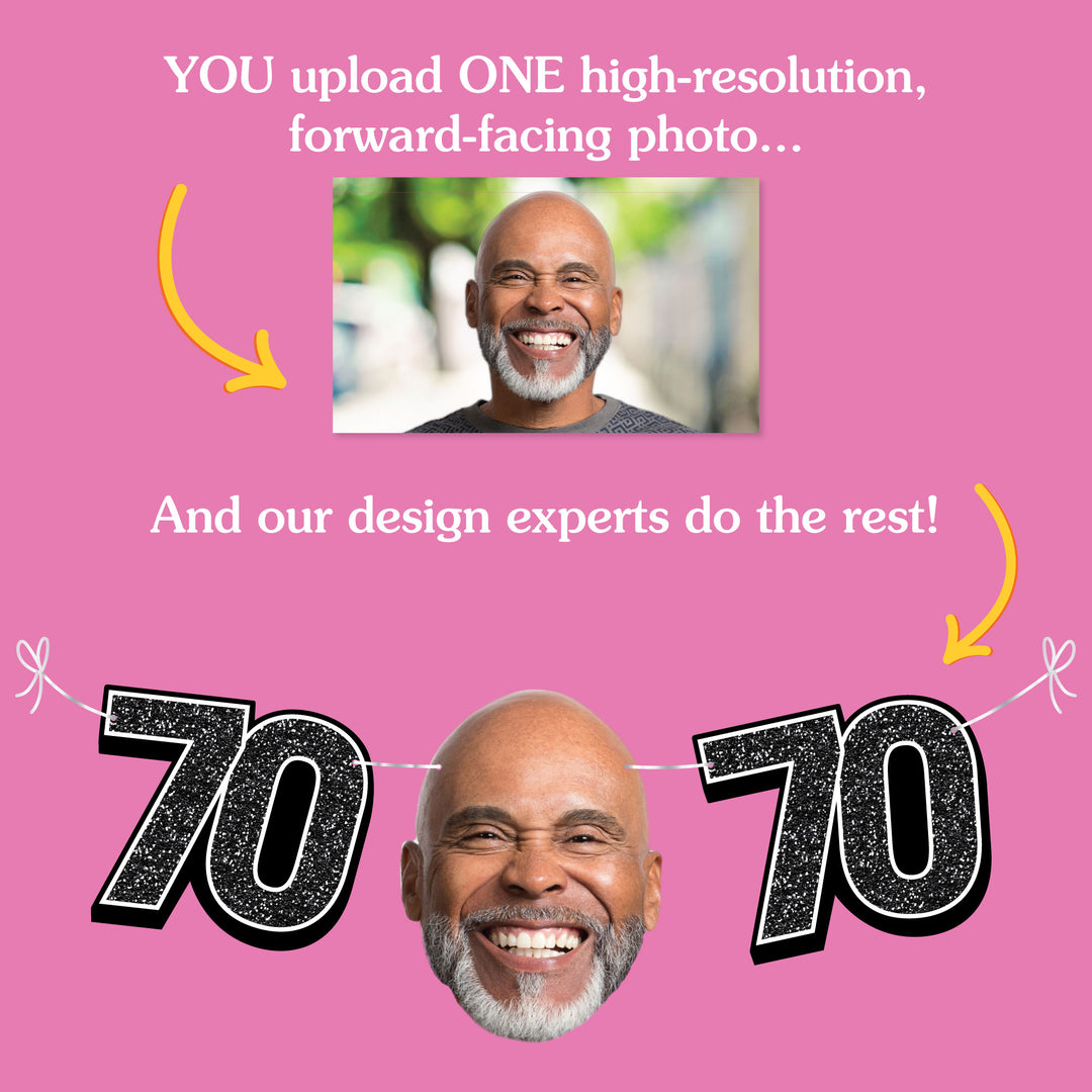 Upload one photo for custom 70th birthday fun face banner