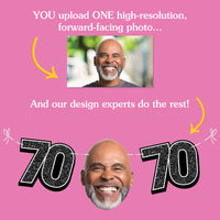Upload one photo for custom 70th birthday fun face banner