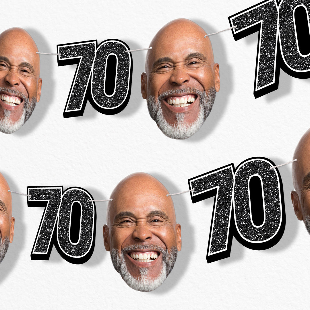 Black 70th birthday fun face garland banner
