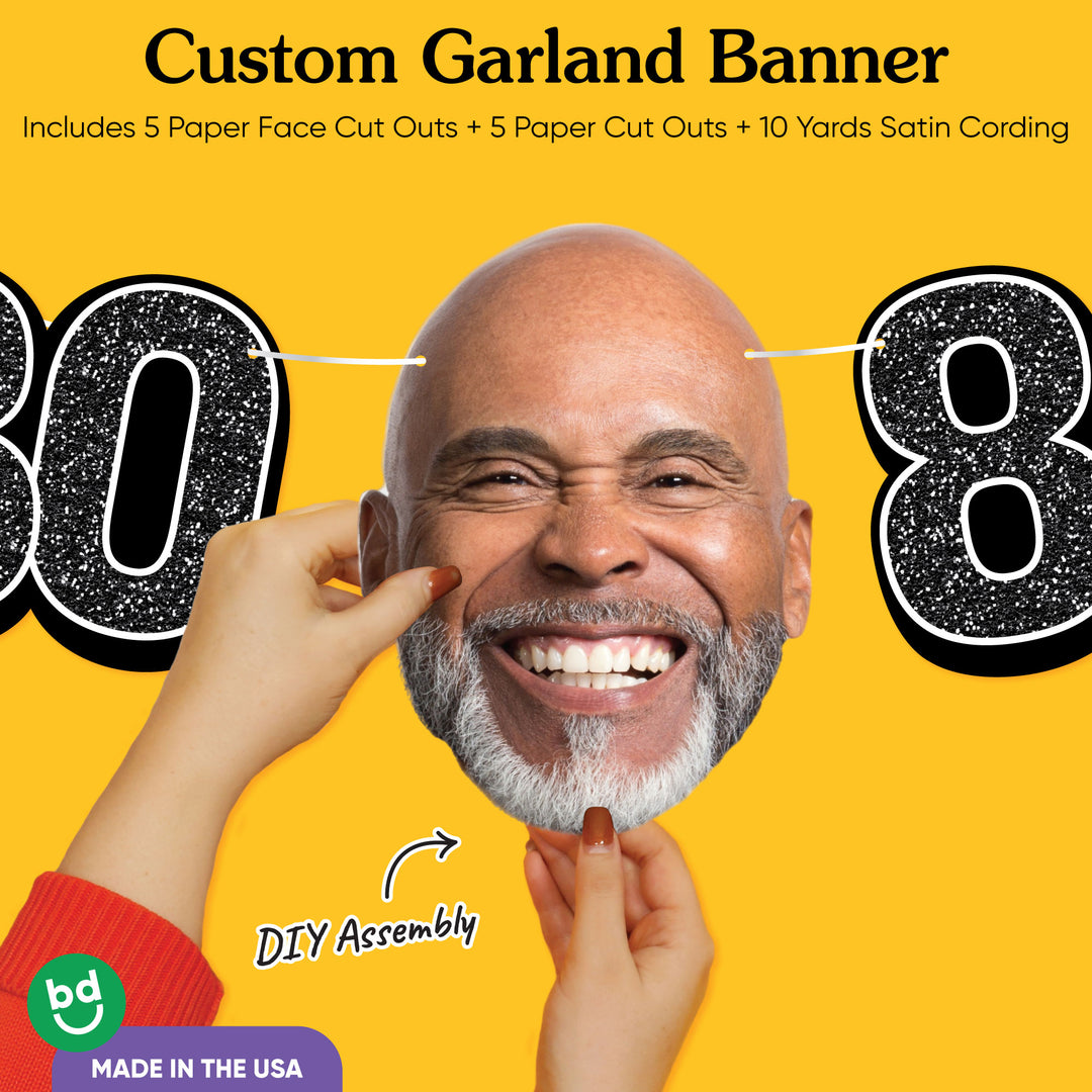 Cardstock finish and satin string on 80th birthday face banner