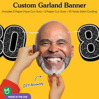 Cardstock finish and satin string on 80th birthday face banner