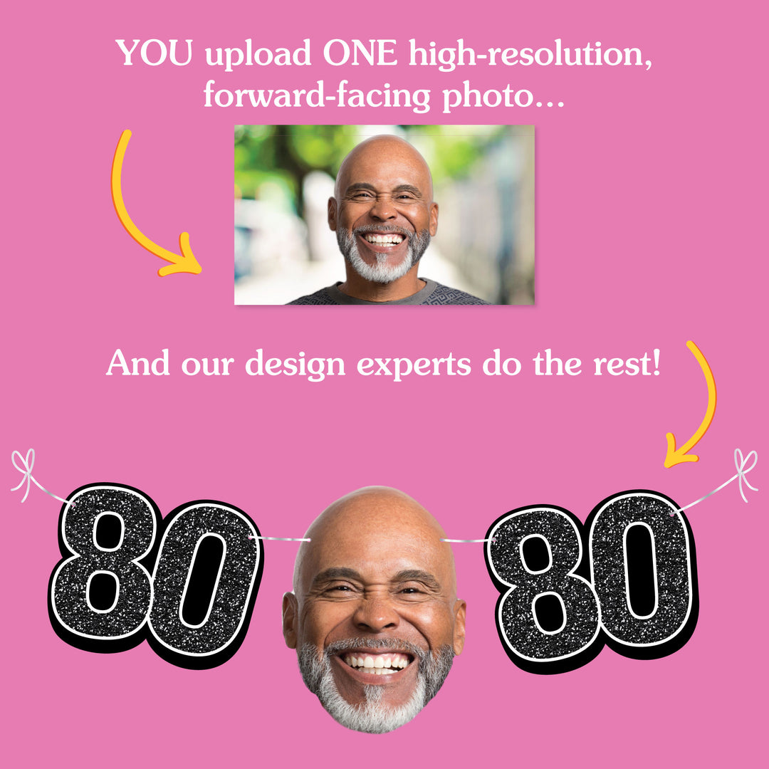 Upload one photo for custom 80th birthday fun face banner