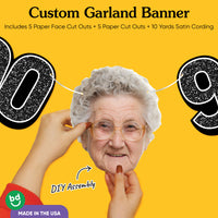 Cardstock finish and satin string on 90th birthday face banner