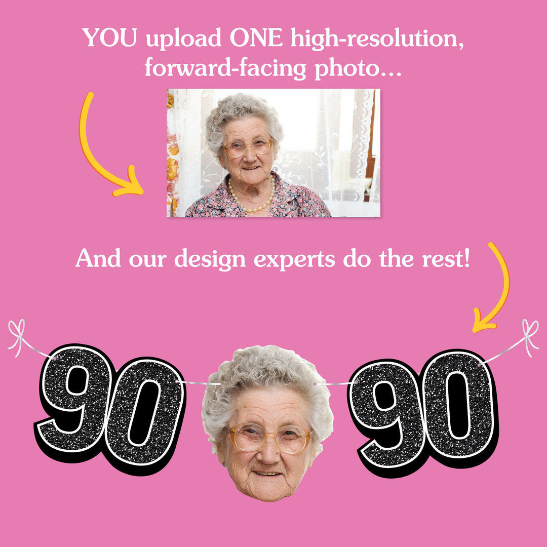 Upload one photo for custom 90th birthday fun face banner
