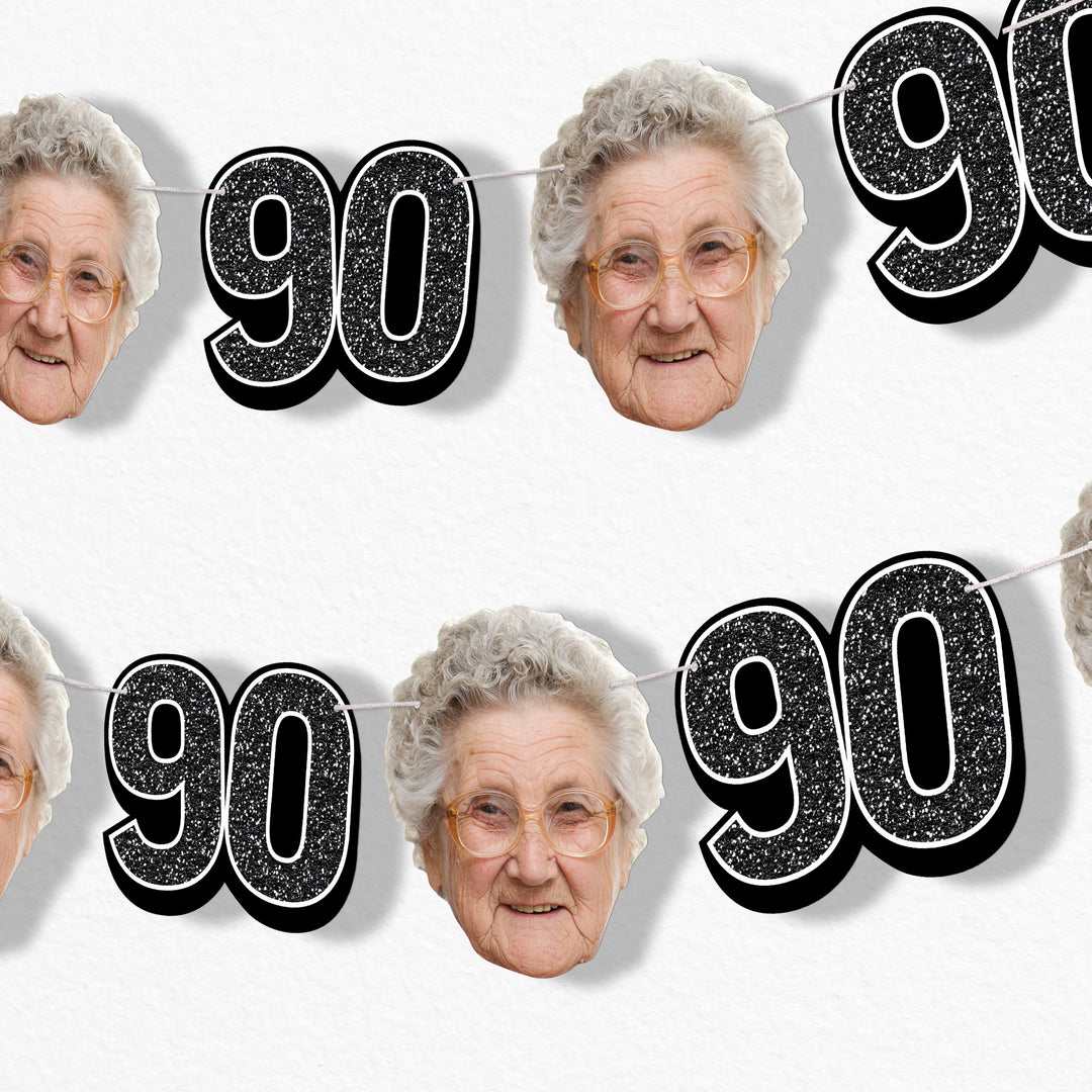Black 90th birthday fun face garland banner