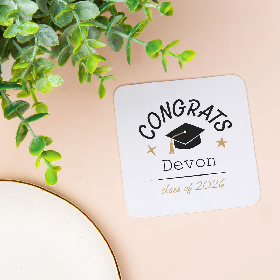 Black and white custom name coaster close-up