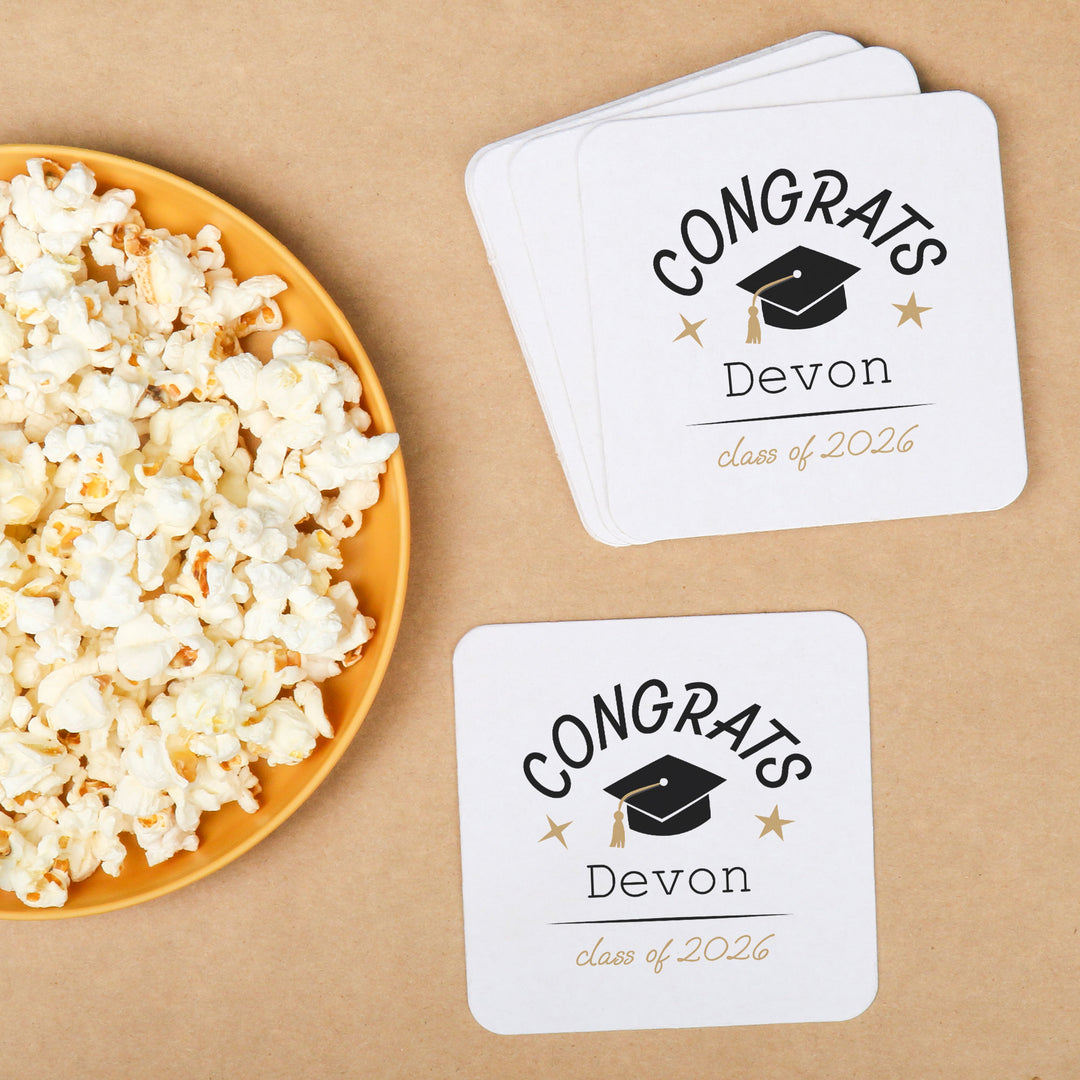 100-count Black and white personalized coasters stacked