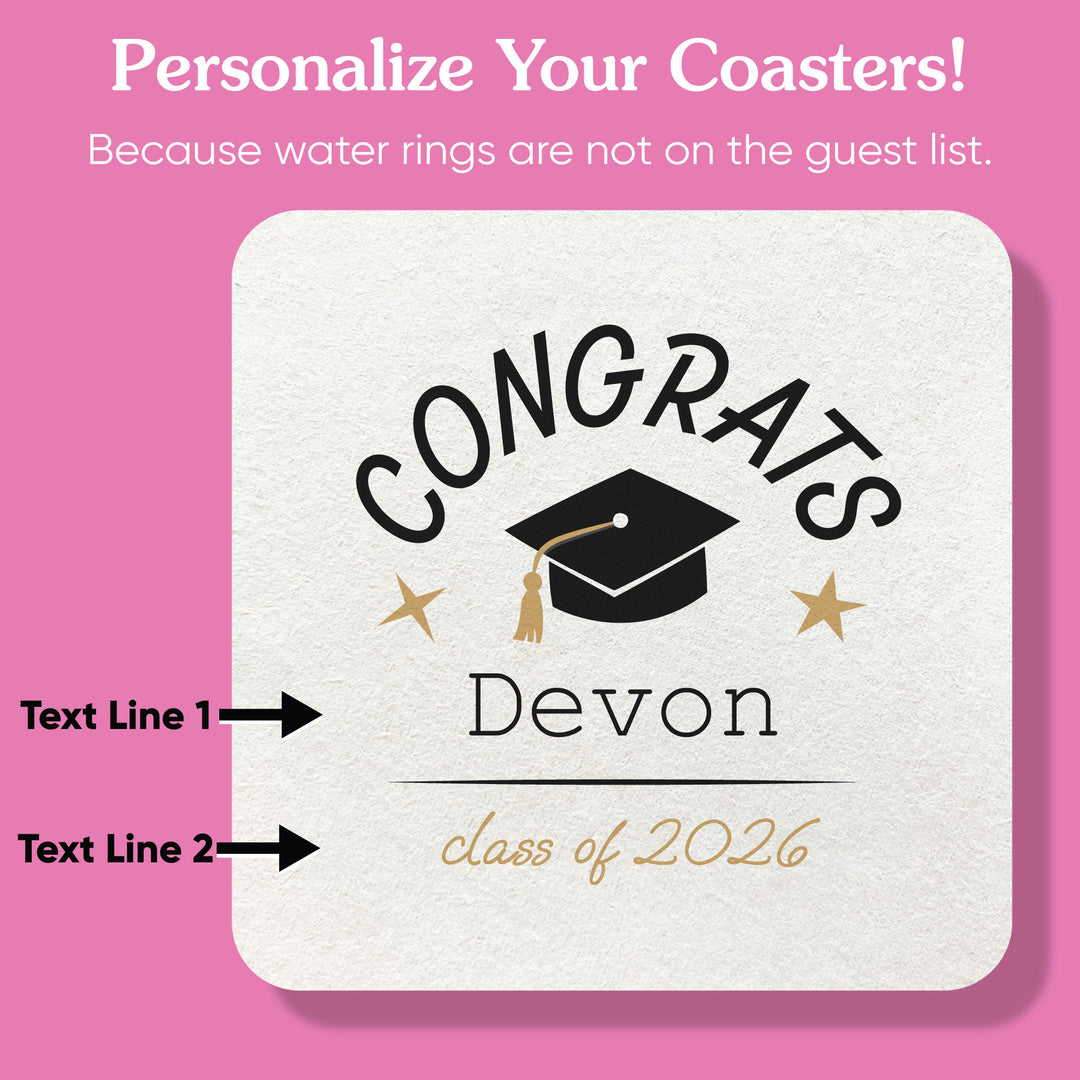 Graduation-themed coaster with customizable text on a pink background