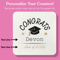 Graduation-themed coaster with customizable text on a pink background