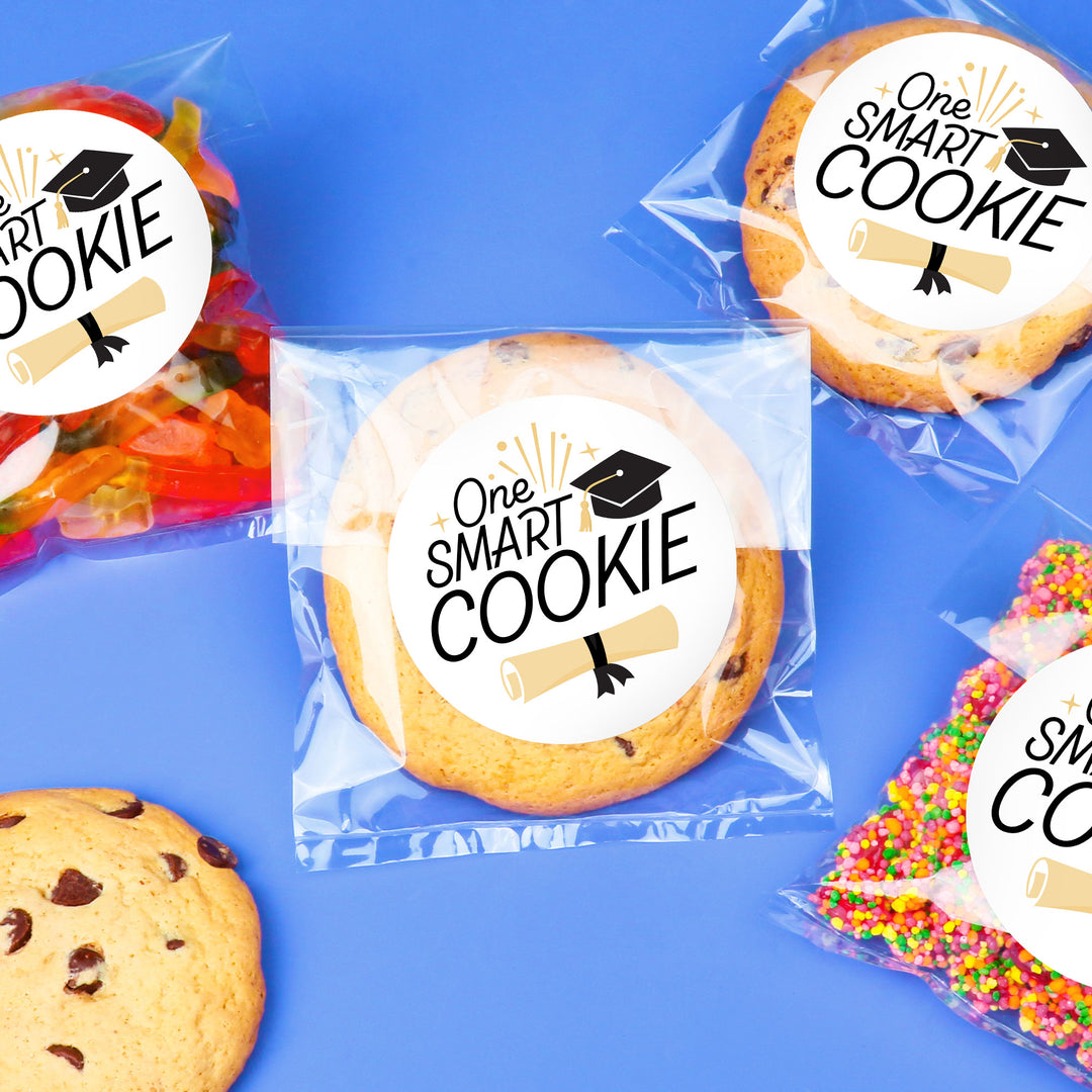 Black and white graduation cookie favors displayed