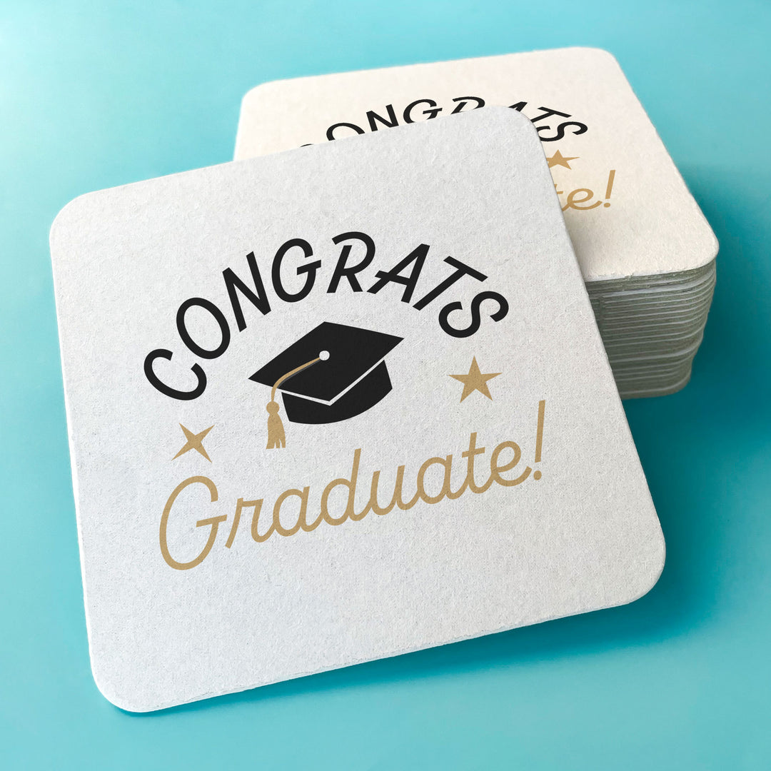 25-count Black and white graduation coasters stacked