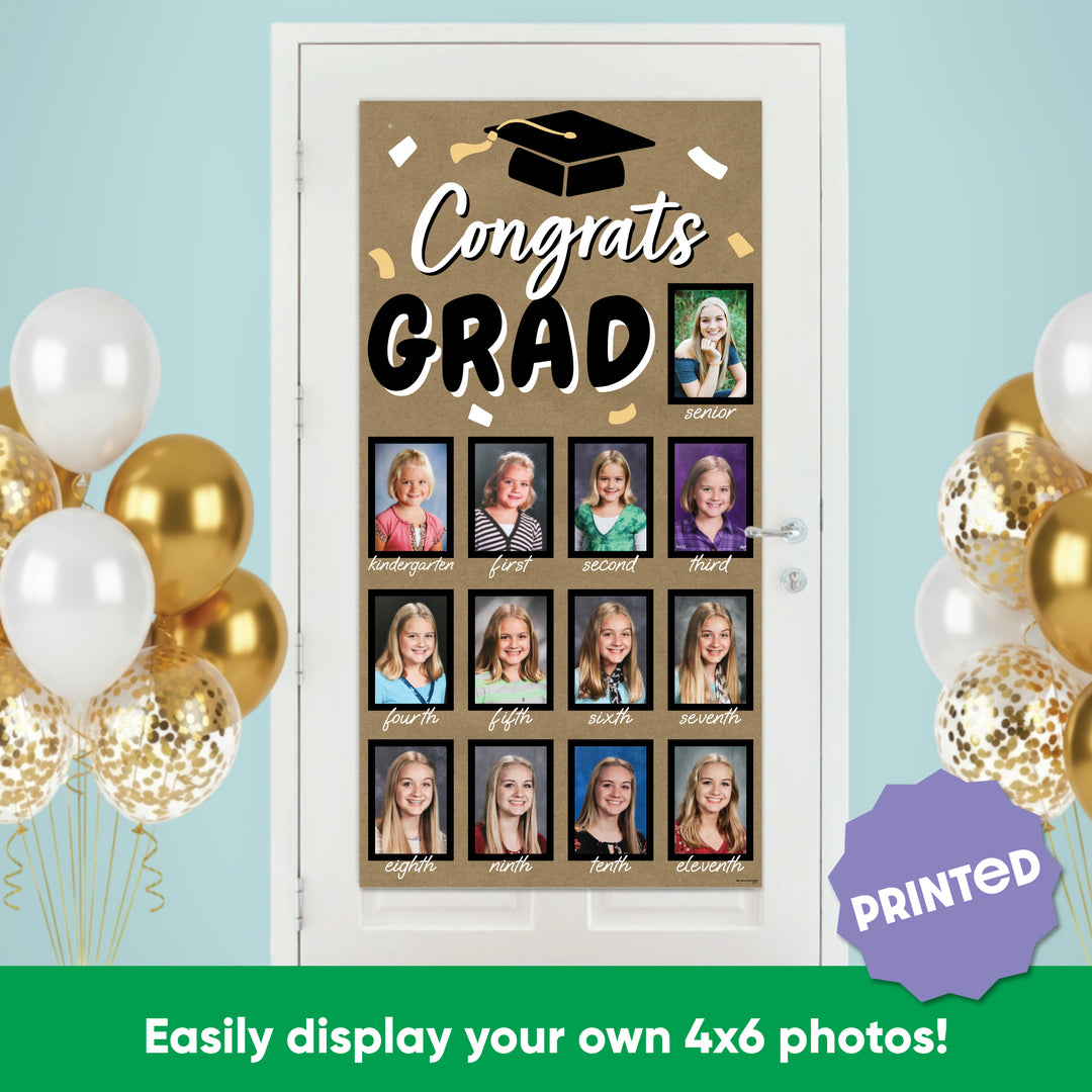 Graduation-themed door decoration with 'Congrats Grad' text and photo collage, surrounded by balloons.