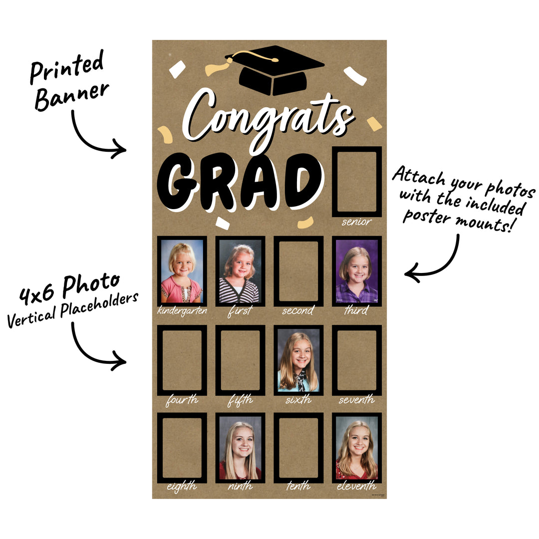 Graduation-themed photo display with 'Congrats Grad' text and placeholders for photos.